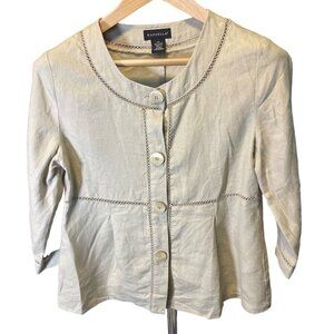 Rafaella Tan Linen Round Neck Buttoned Long Sleeve Peplum Top Sz 10